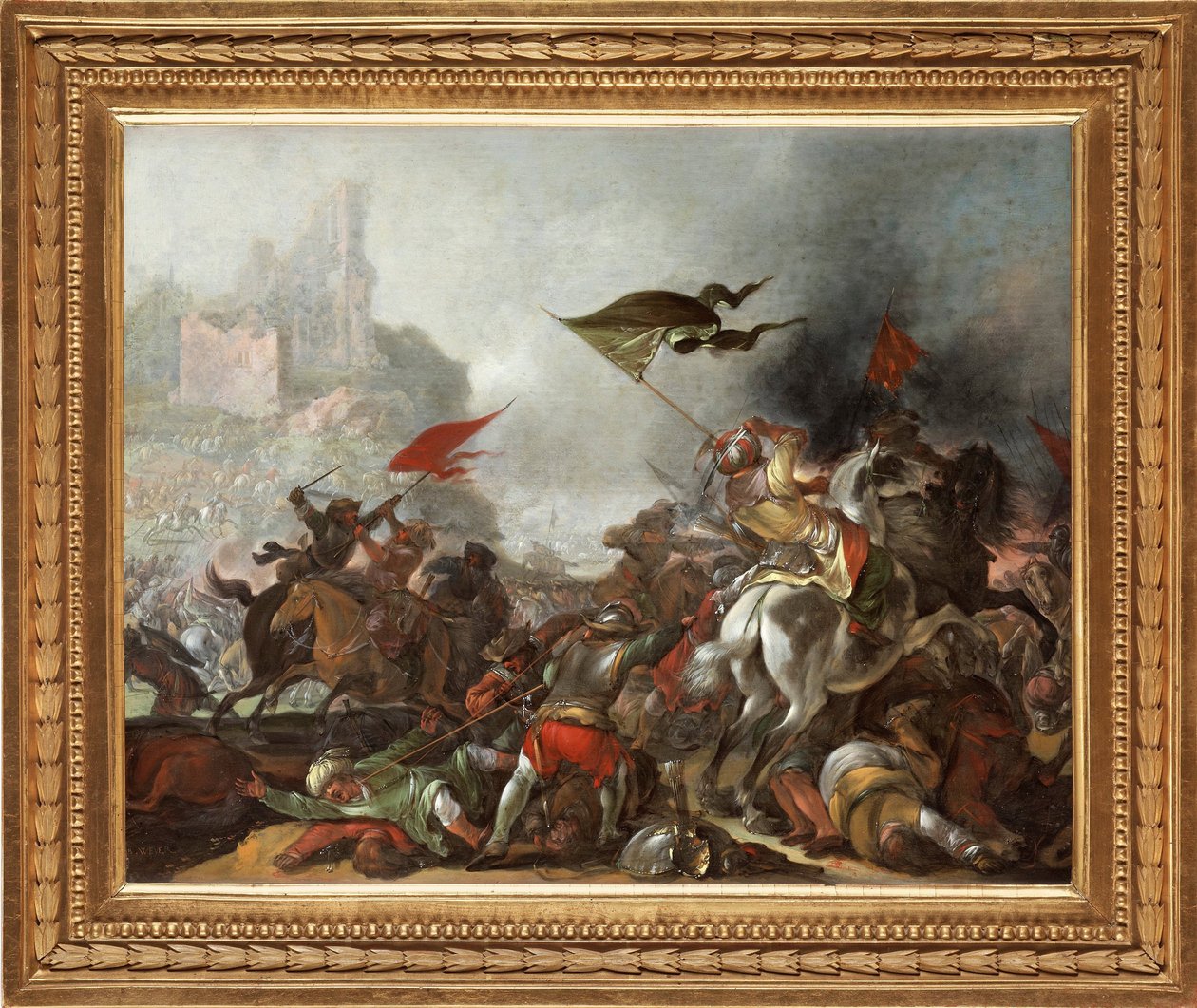 Taistelu turkkilaisten ja kristittyjen välillä ottomaanien armeijan valtauksen aikana Konstantinopolin vuonna 1453 - Jacob Matthias Weyerin (1620-1670) maalaus, öljy puulle (39x49 cm) - Turkin sota, Jacob Matthias Weyerin öljy puulle - Yksityiskokoelma tekijältä Jacob Weyer