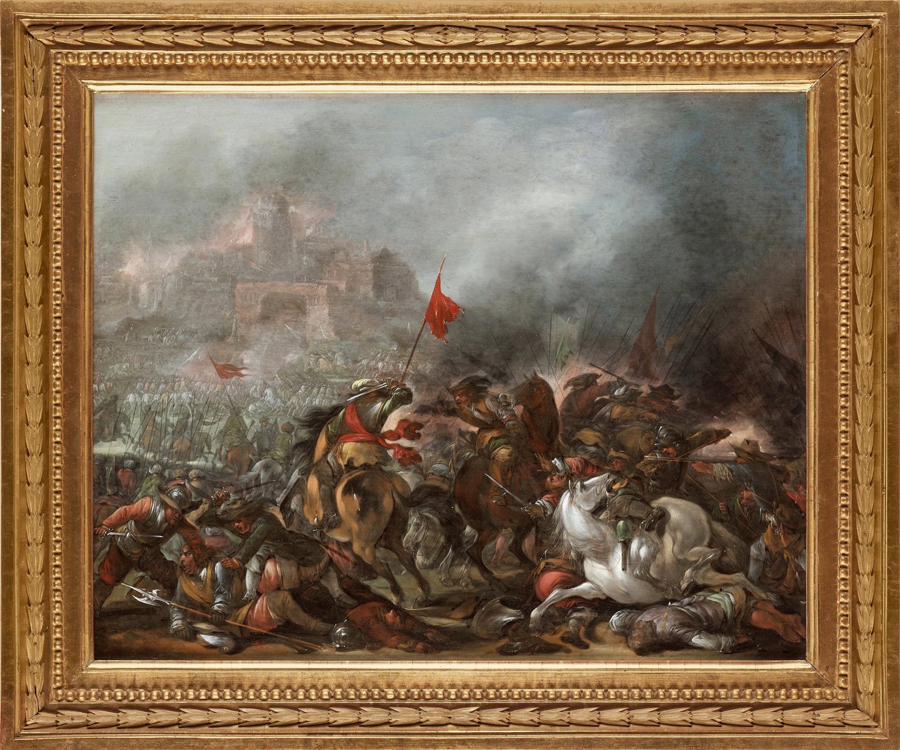 Taistelu turkkilaisten ja kristittyjen välillä ottomaanien armeijan valtauksen aikana Konstantinopolin vuonna 1453 - Jacob Matthias Weyerin (1620-1670) maalaus, öljy puulle (39x49 cm) - Turkin sota, Jacob Matthias Weyerin öljy puulle - Yksityiskokoelma tekijältä Jacob Weyer