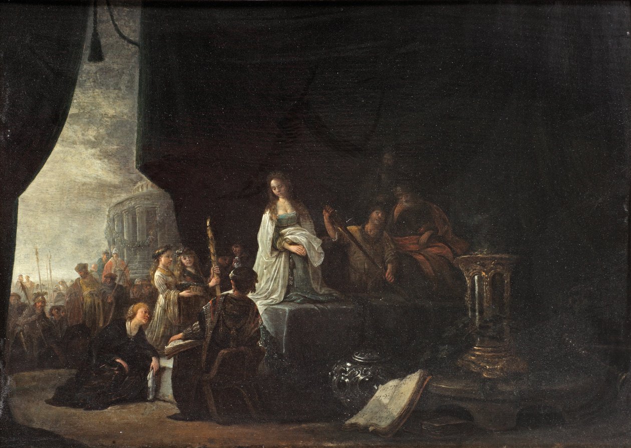 Jeftan tyttären uhri (öljy paneelissa) tekijältä Jacob Willemsz de (c.1630 after 1675) Wet