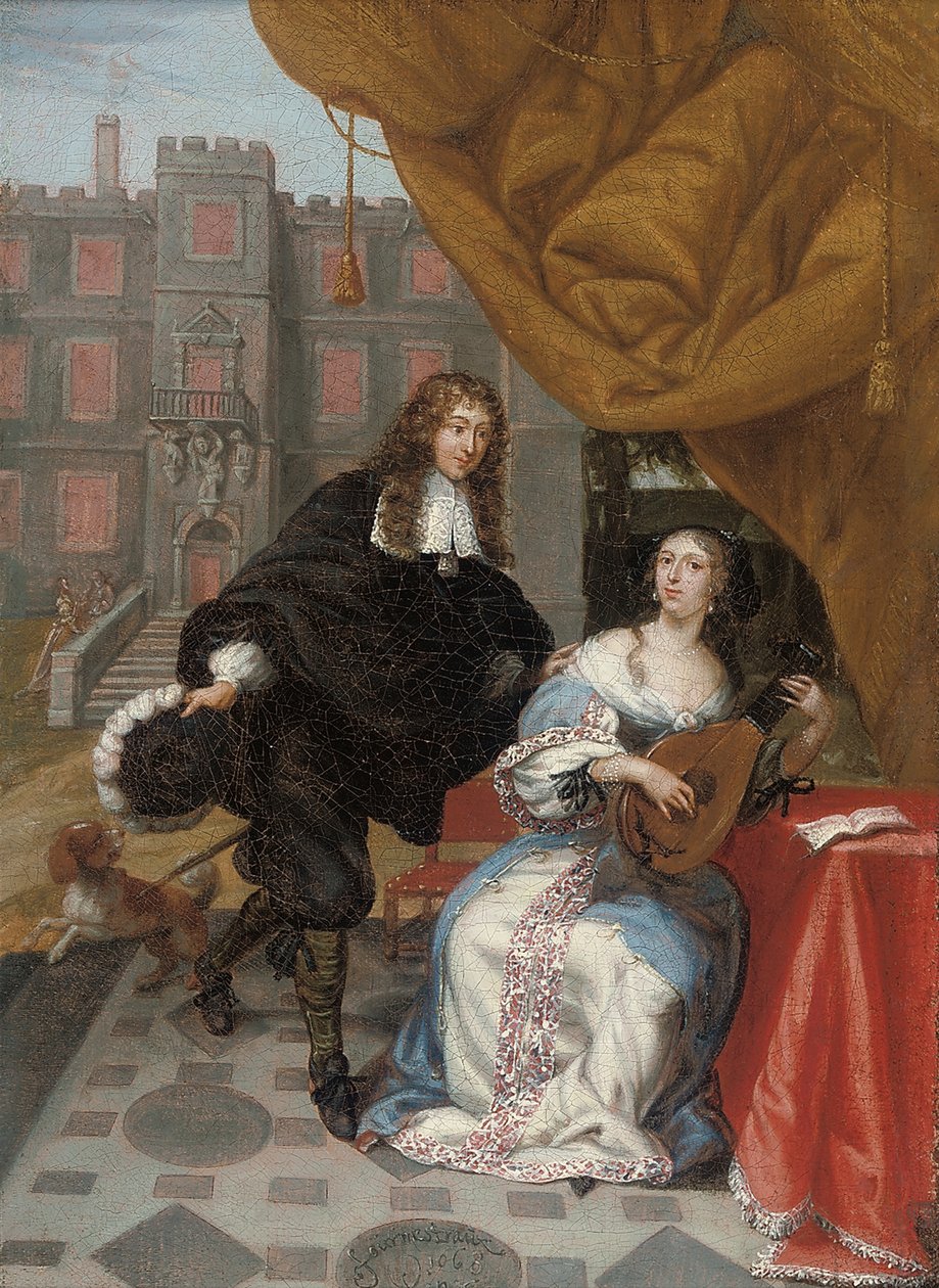 Herrasmies seurustelee naisen kanssa musiikin tekemisessä pihalla, 1668 tekijältä Jacob de Fourmentrou