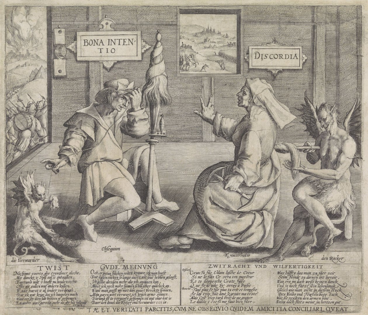 Allegoria hyvän tarkoituksen (Bona Intentio) ja epäsopun (Discordia) persoonallisuuksilla tekijältä Jacob de Gheyn (I) (circle of)