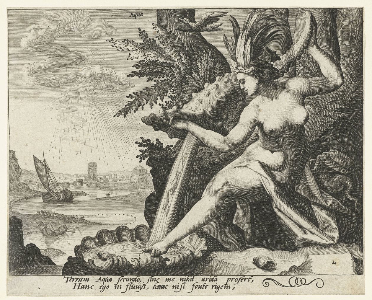 Veden elementti Aqua (otsikko esineessä) The Four Elements (sarjan nimi) tekijältä Jacob de Gheyn (II) (attributed to)