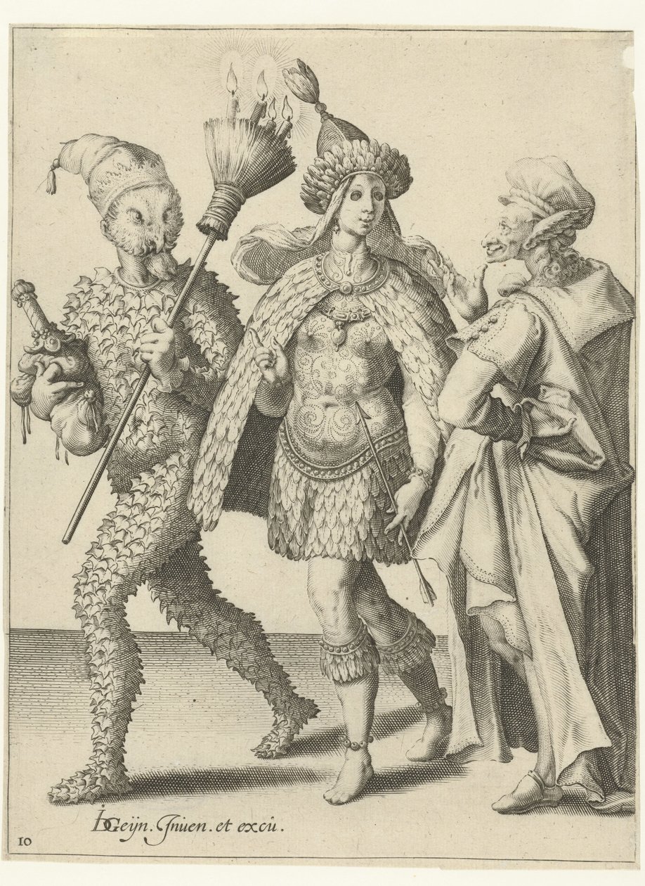 Kolme naamioitunutta hahmoa, joista yhdessä on luuta, johon kynttilöitä on juuttunut The Masquerades (sarjan nimi) tekijältä Jacob de Gheyn (II) (workshop of)