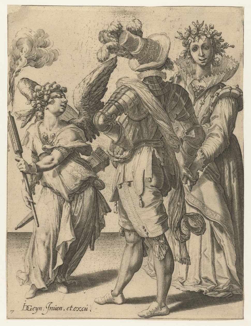 Sidoitettu Amor soihtulla juhlapukuisen pariskunnan edessä The Masquerades (sarjan nimi) tekijältä Jacob de Gheyn (II) (workshop of)