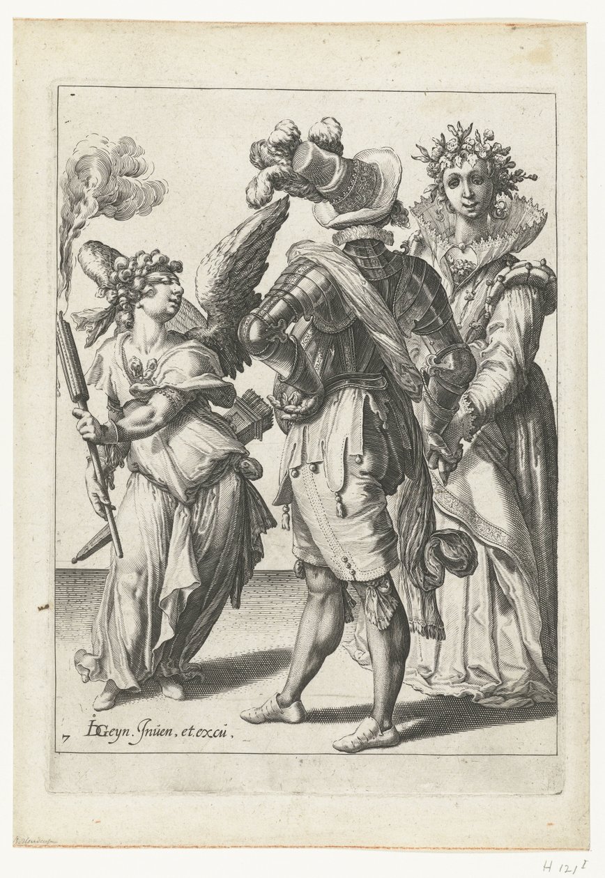 Sidoitettu Amor soihtulla juhlapukuisen pariskunnan edessä The Masquerades (sarjan nimi) tekijältä Jacob de Gheyn (II) (workshop of)