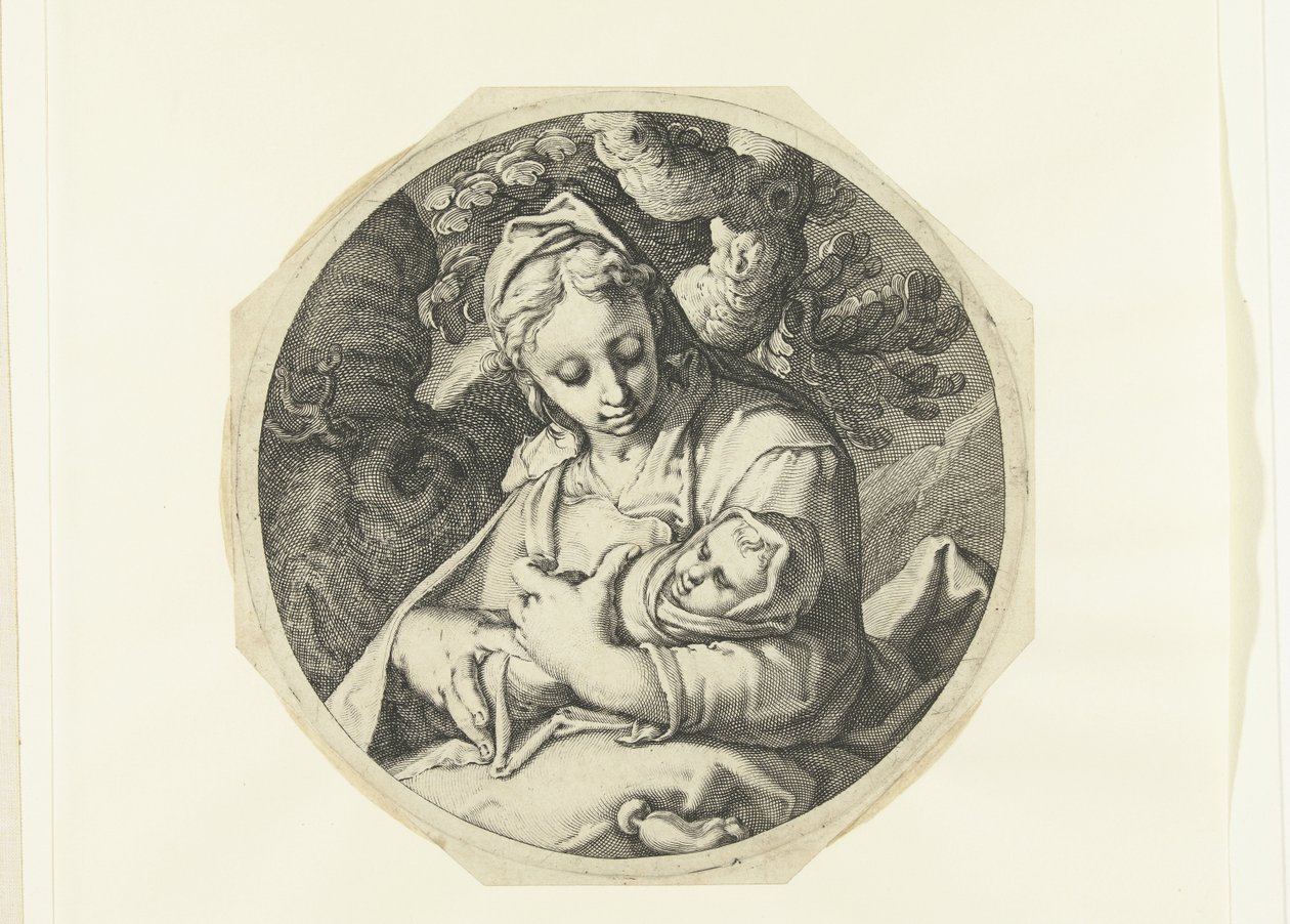Maria Kristuksen lapsen kanssa Maria Kristuslapsen kanssa ja Joosef puusepän työkaluineen (sarjan nimi) tekijältä Jacob de Gheyn (II) (workshop of)