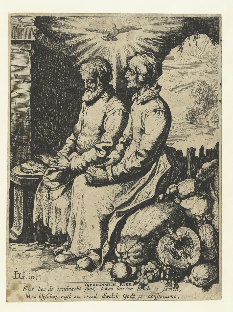 Vanha pariskunta rukoilee Vreedsamich paer (otsikko esineessä) tekijältä Jacob de Gheyn (III)
