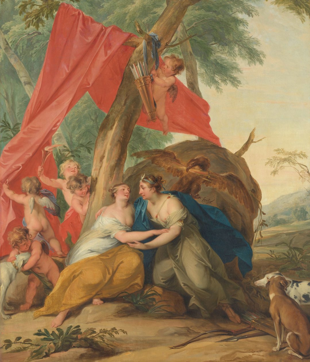 Jupiter, naamioitunut Dianaksi, viettelemässä nymfi Callistoa tekijältä Jacob de Wit (signed by artist)