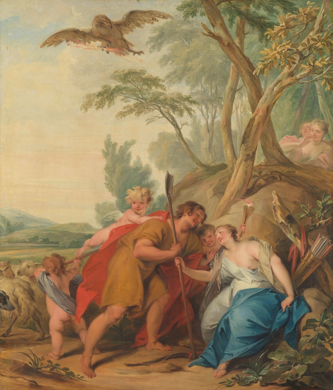 Jupiter, paimeneksi naamioitunut, viettelevä Mnemosyne, muistin jumalatar tekijältä Jacob de Wit (signed by artist)