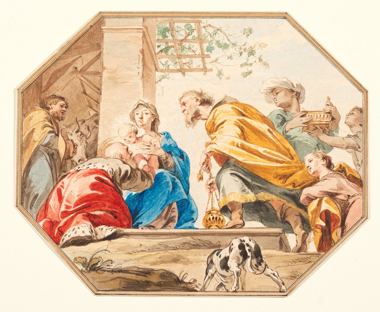 Adoration of the Magi, n. 1751 (grafiitti, kynä ja ruskea muste, akvarelli taidepaperille, leikattu kahdeksankulmioon, ruskealla musteella ja pesureunuksella) tekijältä Jacob de Wit