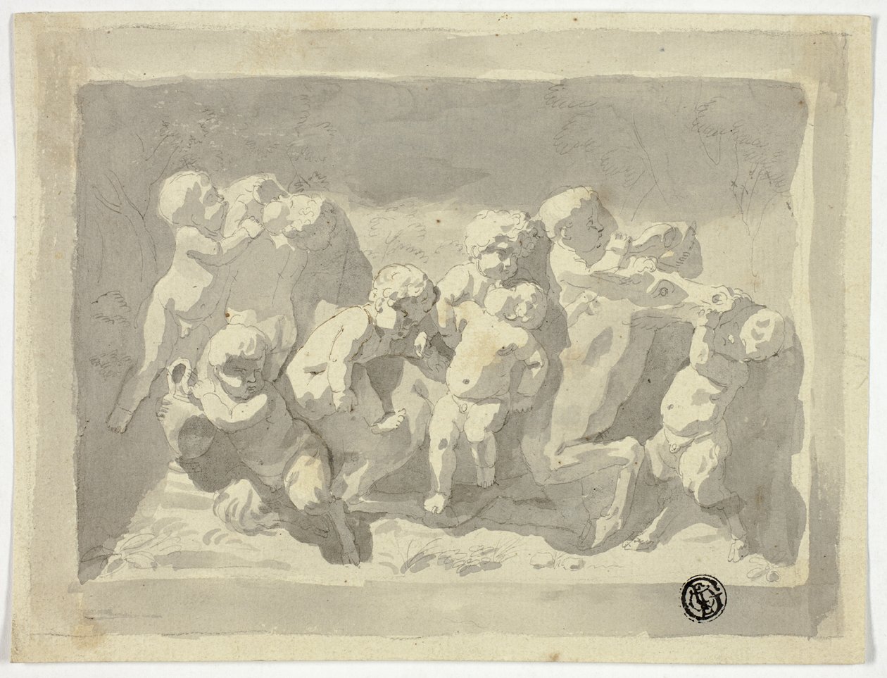 Baby Satyrs ja Putti leikkivät aasin kanssa tekijältä Jacob de Wit