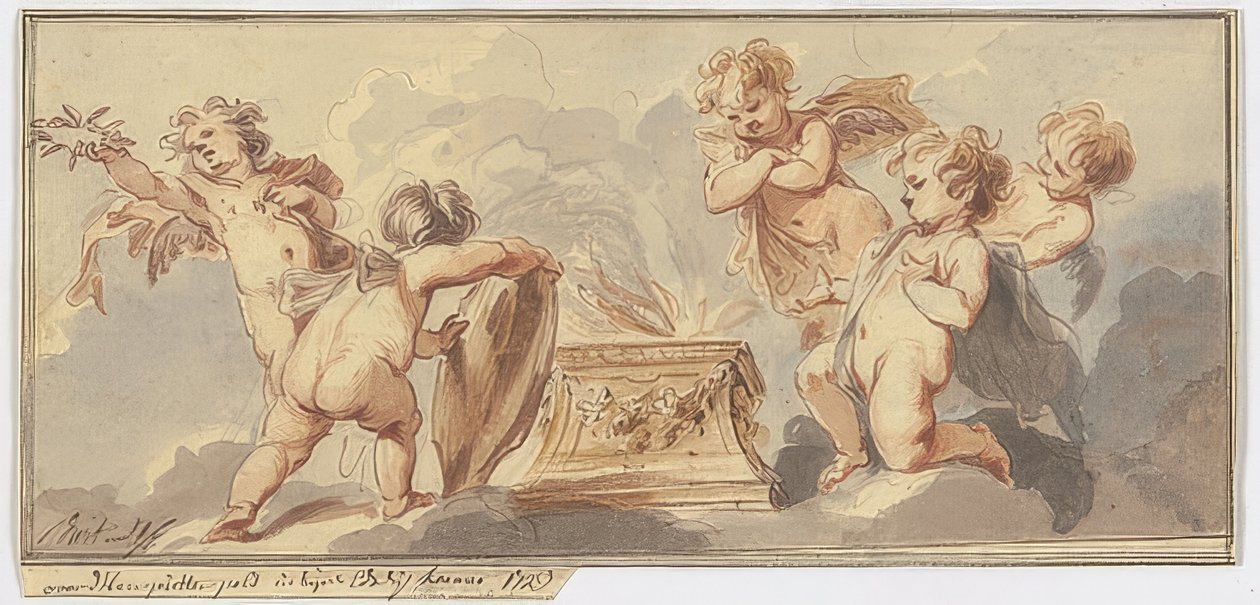 Viisi amorettia uhraa alttarilla. 1723 tekijältä Jacob de Wit