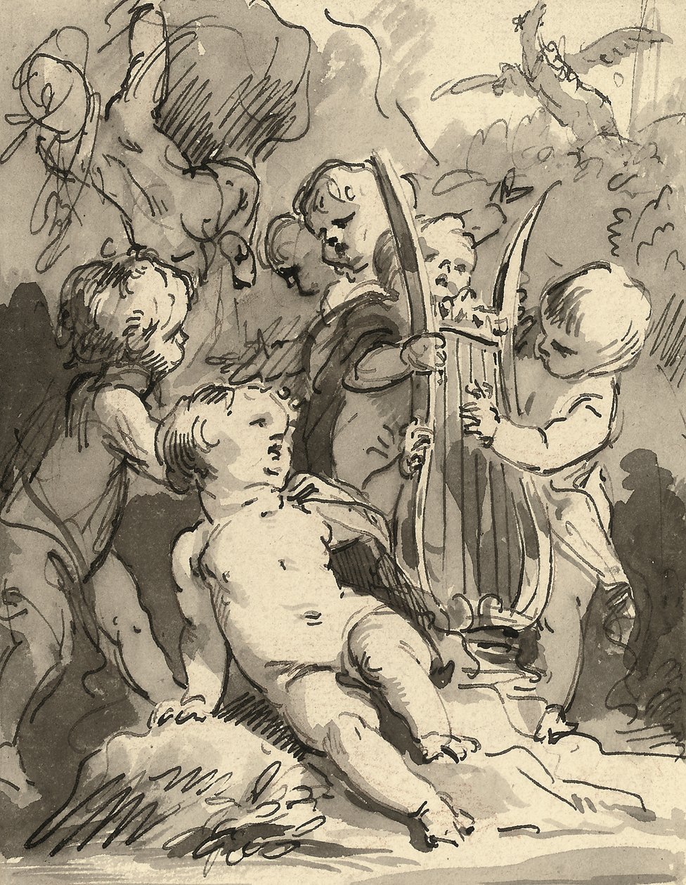 Putti soittaa lyyraa (punainen liitu, kynä ja musta muste ja harmaa pesu) tekijältä Jacob de Wit