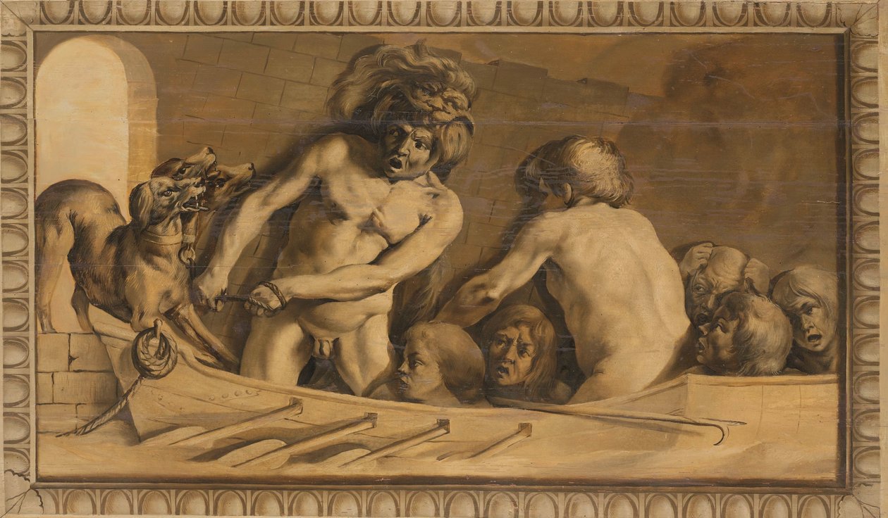 Hercules saa Cerberuksen alamaailmasta (Charon, Styxin lauttamies) tekijältä Jacob van Campen