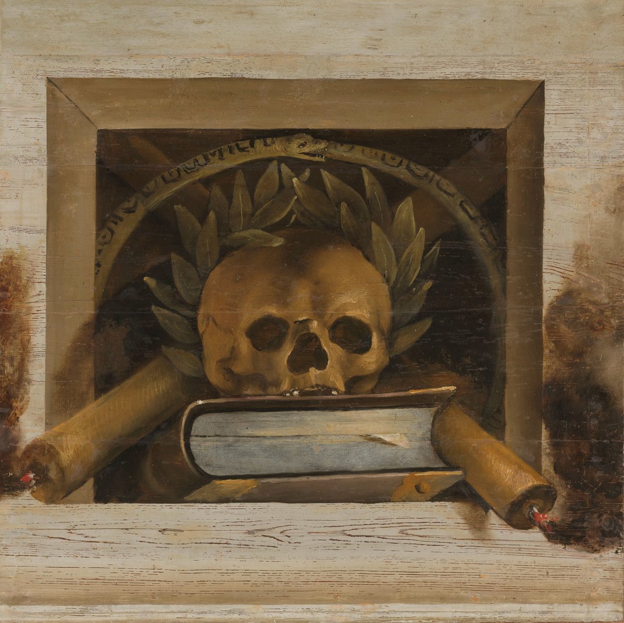 Vanitas asetelma pääkalloineen, laakeriseppele, kirja ja kaksi palavaa kynttilää tekijältä Jacob van Campen