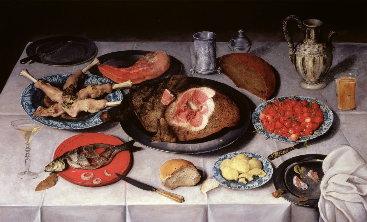 Aamiaispala, jossa on kalaa, kinkkua ja kirsikoita, 1614 tekijältä Jacob van Hulsdonck
