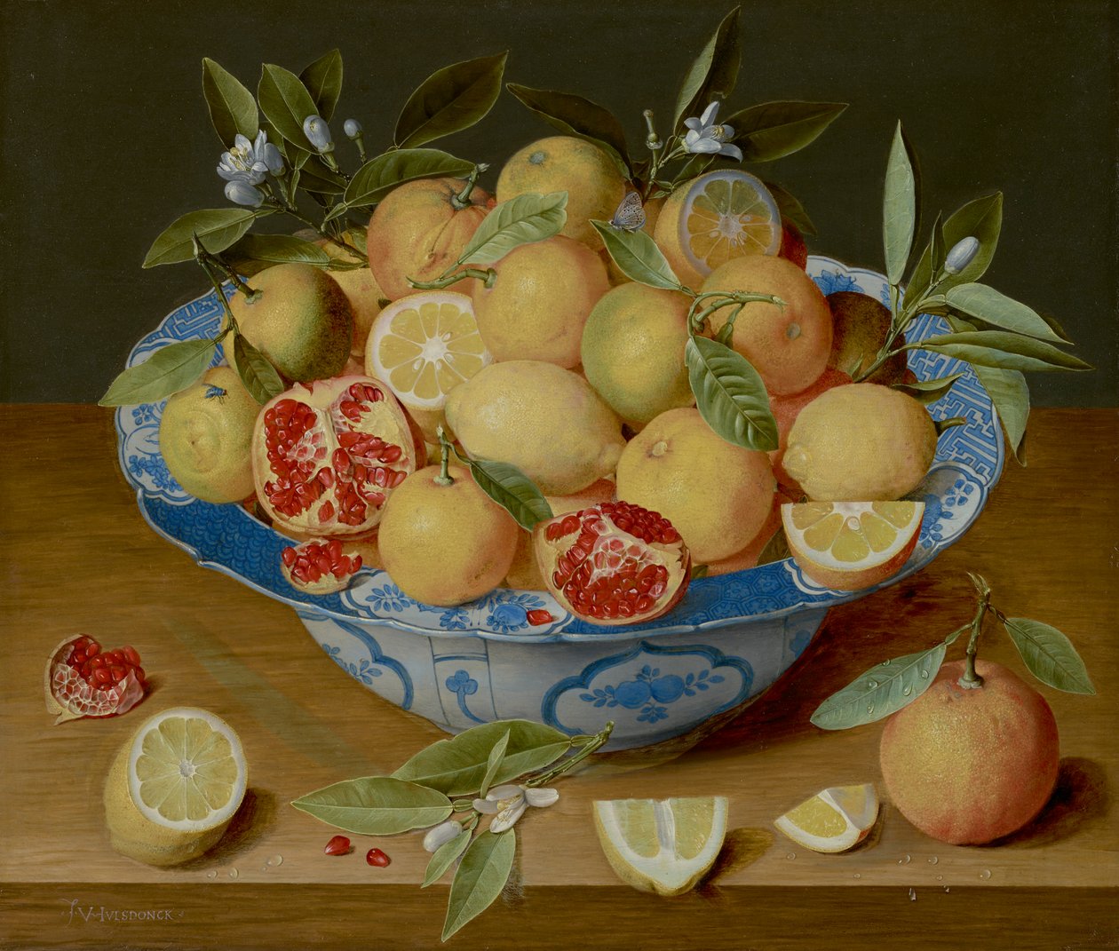 Asetelma sitruunan, appelsiinin ja granaattiomenan kanssa, n. 1620-40 (öljy paneelille) tekijältä Jacob van Hulsdonck