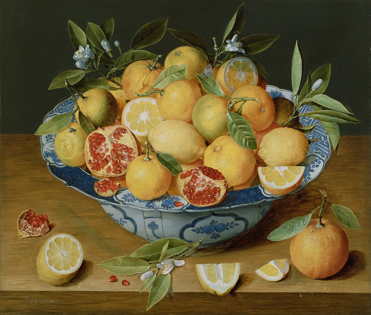Asetelma sitruunan, appelsiinin ja granaattiomenan kanssa, c. 1620-1630 tekijältä Jacob van Hulsdonck