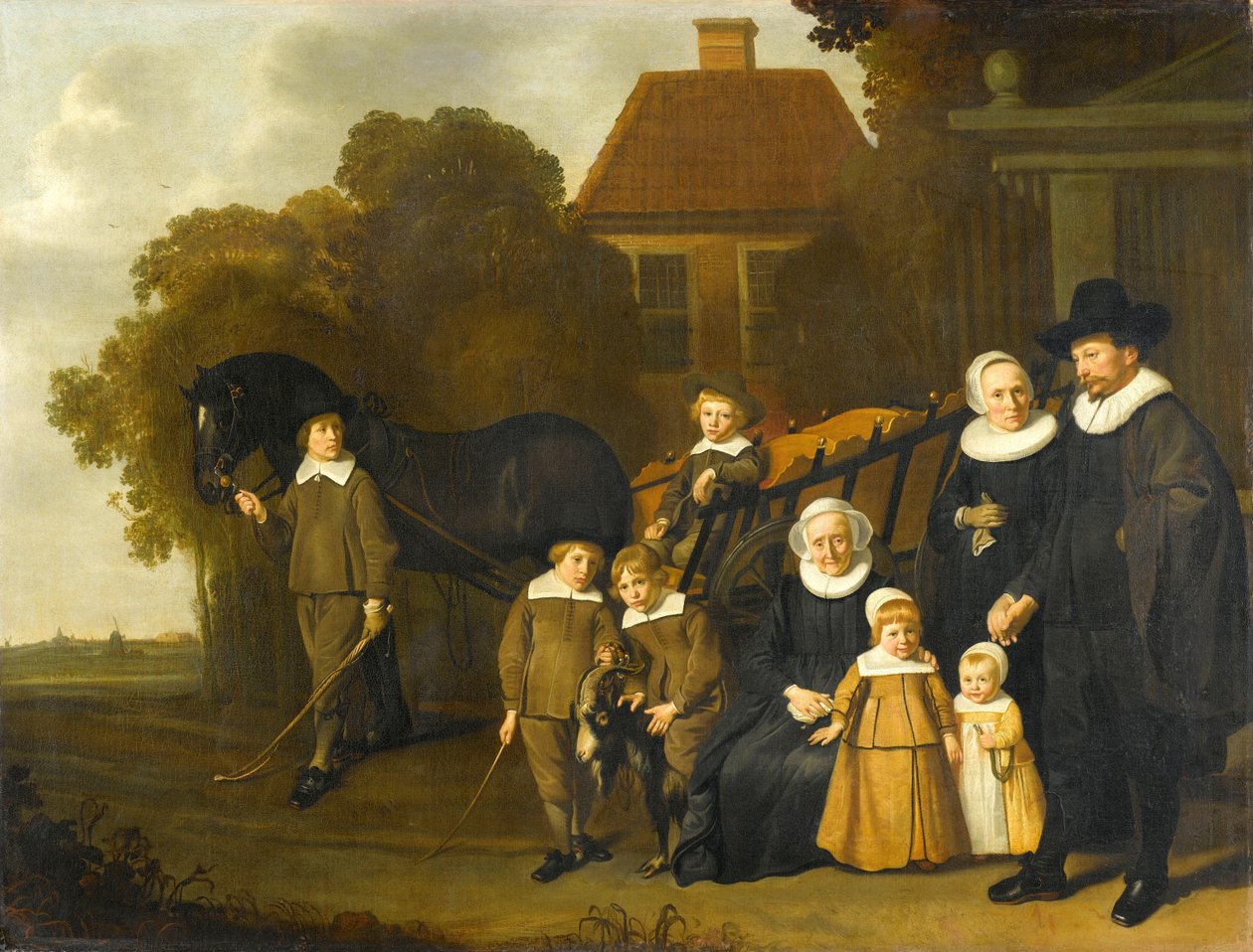 Ryhmämuotokuva Meebeeck Cruywagen -perheestä heidän maalaistalon portilla Uitwegissä lähellä Amsterdamia tekijältä Jacob van Loo (attributed to)