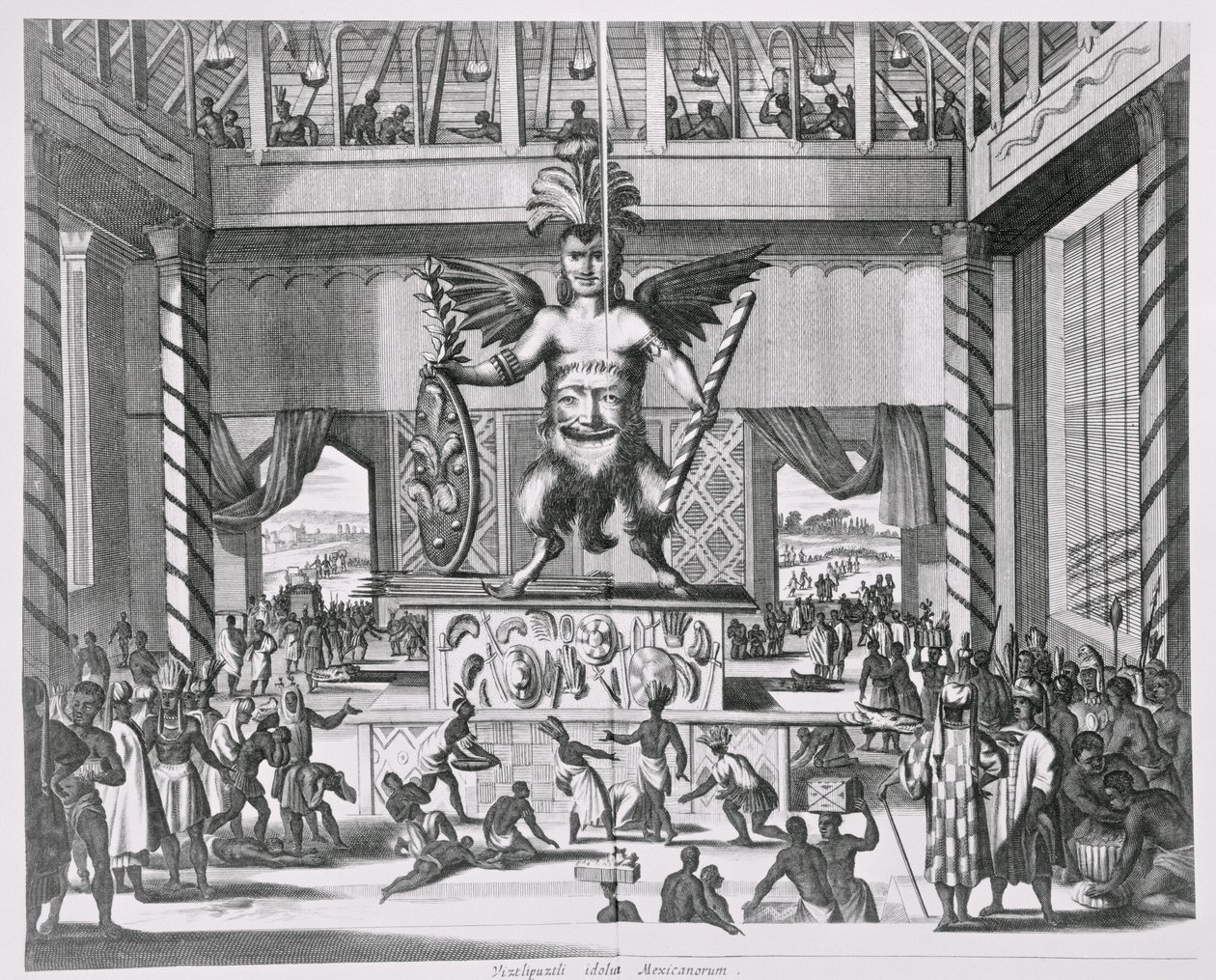 Meksikon jumala Huitzilopochtli, kirjasta "Montanus de Nieuwe en Onbekende Weereld", 1671 tekijältä Jacob van Meurs