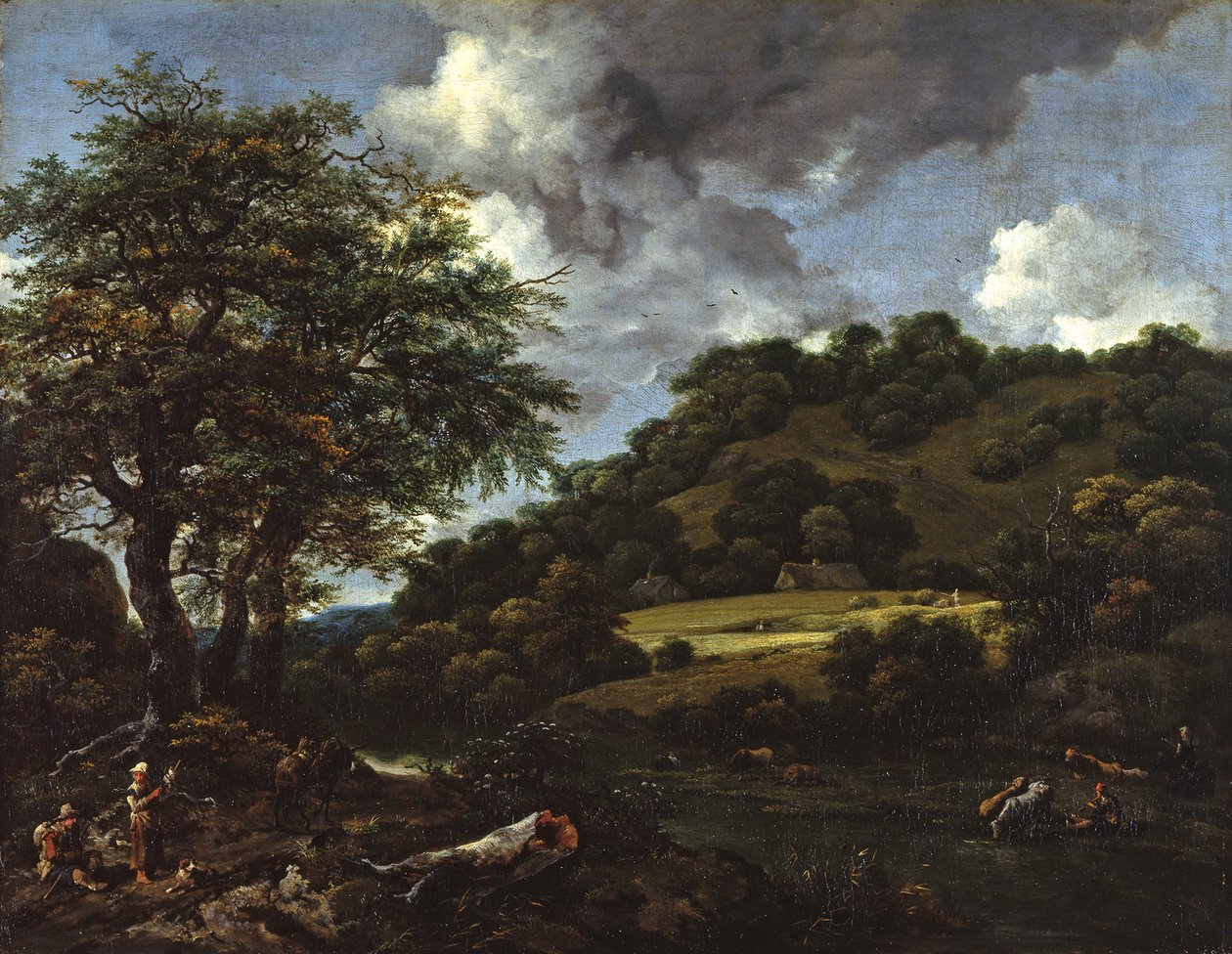 Kumpuileva maisema, jossa on korkeita tammia tekijältä Jacob van Ruisdael