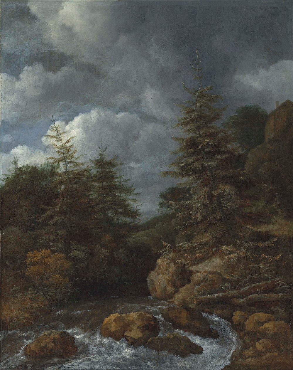 Jokimaisema, jossa on kuusia vesiputouksen varrella. tekijältä Jacob van Ruisdael