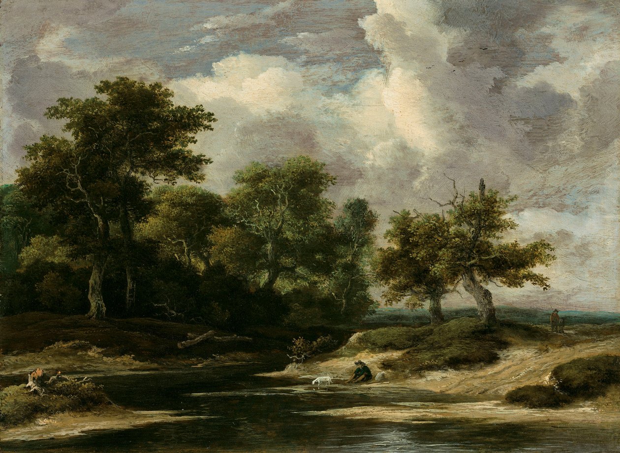 Metsäinen jokimaisema, jossa on matkailija ja koira tekijältä Jacob van Ruisdael