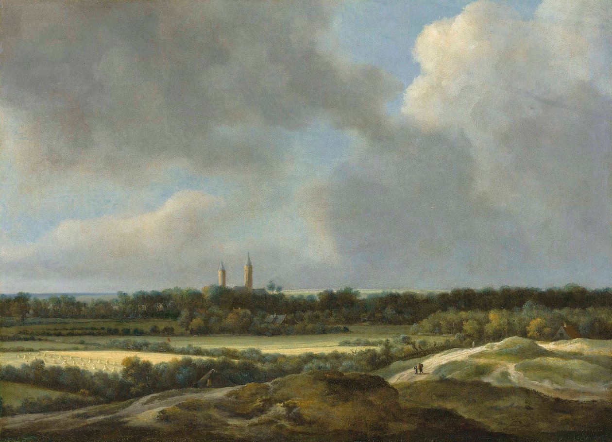 Laaja maisema, jossa on viljapeltoja, Heemsteden takana. tekijältä Jacob van Ruisdael