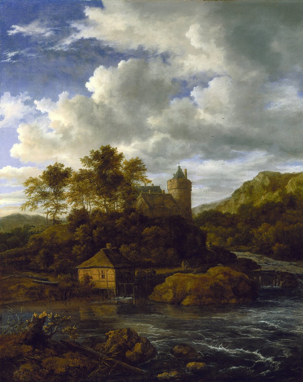 Linna ja vesimylly joen rannalla tekijältä Jacob van Ruisdael