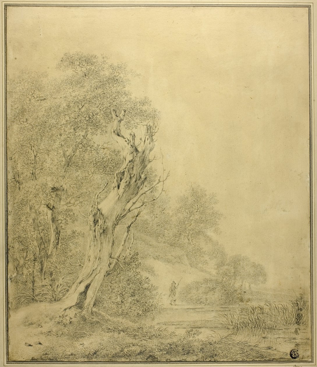 Kuollut puu veden äärellä, hahmo lähestyy sauvan kanssa tekijältä Jacob van Ruisdael