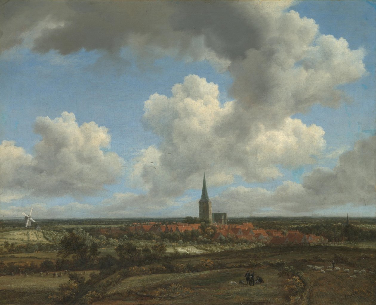 Tasainen maisema, josta avautuu näkymä Ootmarsumiin (Overijssel) tekijältä Jacob van Ruisdael
