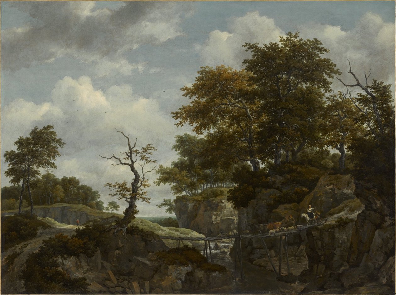 Maisema, silta, karjaa ja hahmoja tekijältä Jacob van Ruisdael