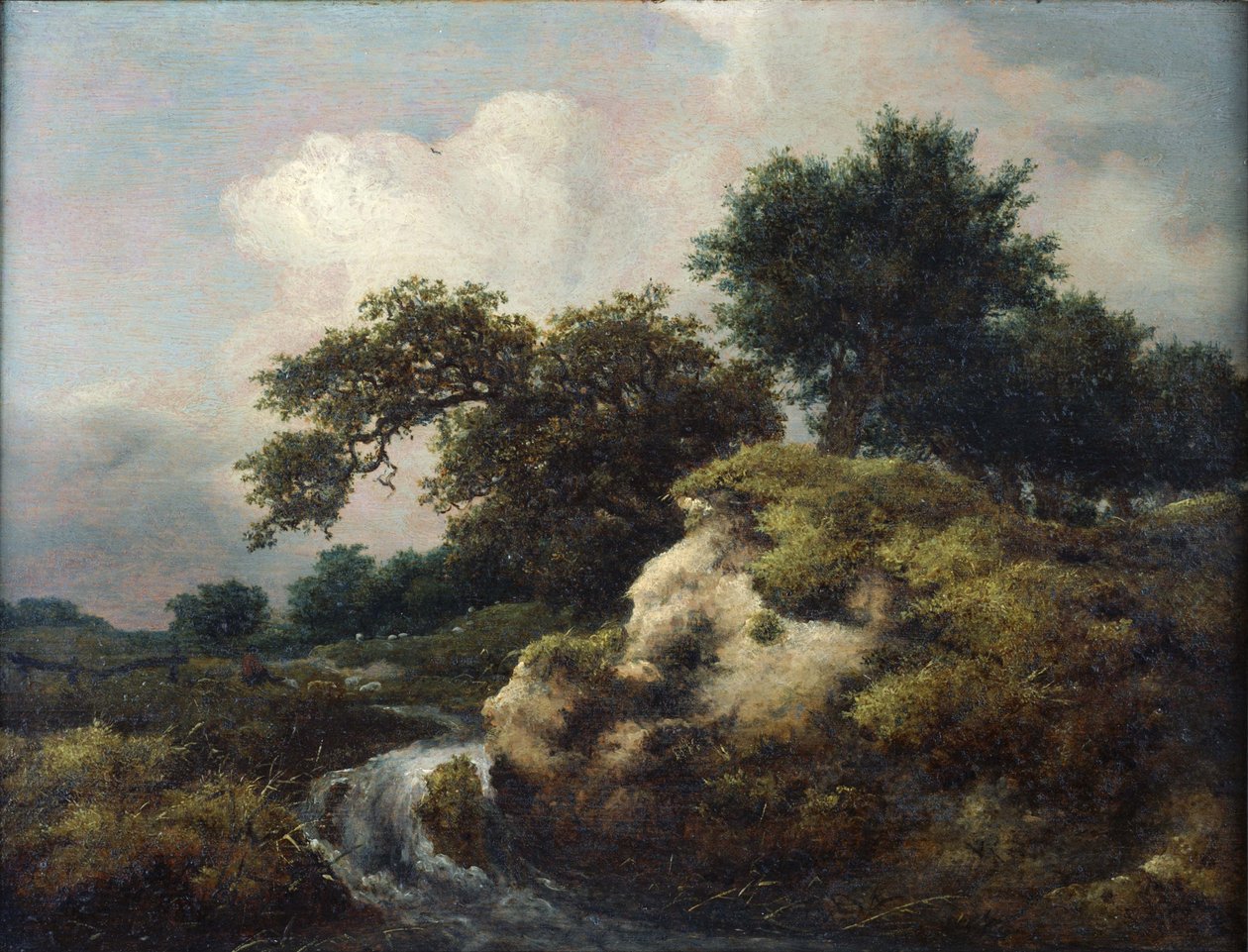 Maisema dyynillä ja pienellä vesiputouksella tekijältä Jacob van Ruisdael