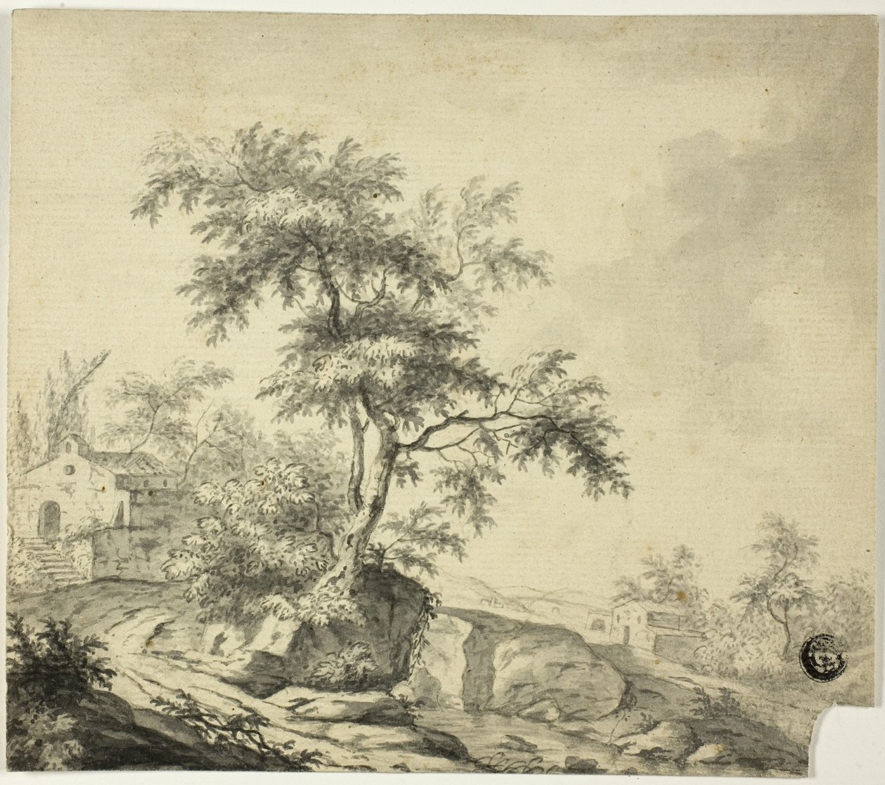 Maisema puulla tiellä rakennuksiin tekijältä Jacob van Ruisdael