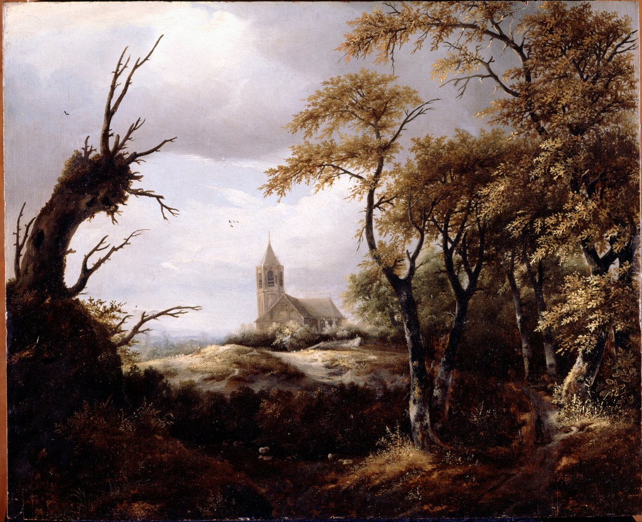 Maisema ja kirkko tekijältä Jacob van Ruisdael