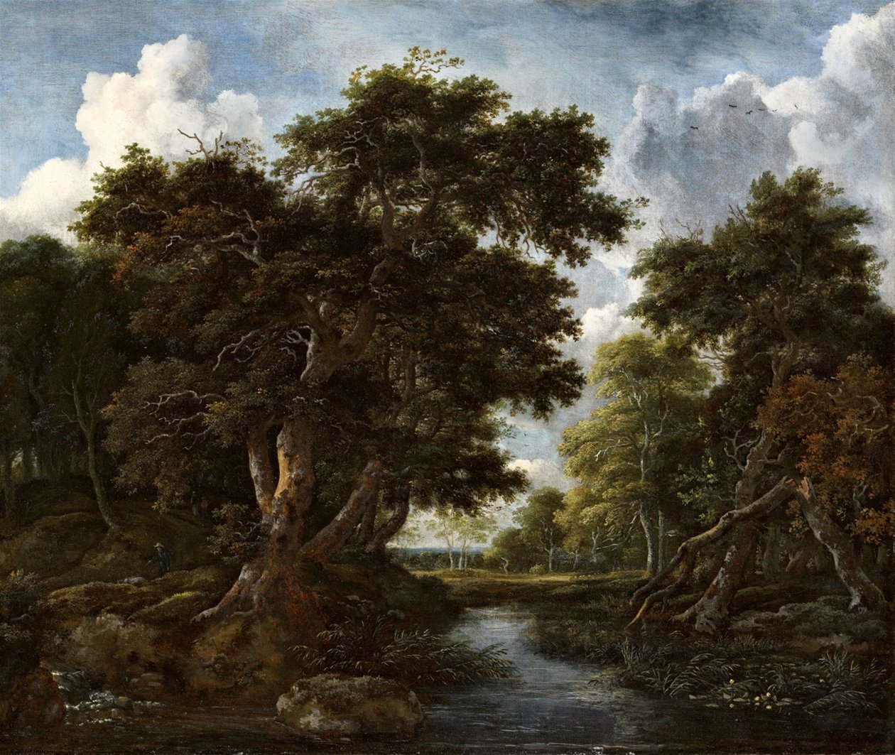 Metsäinen maisema metsästäjien ja joen kanssa tekijältä Jacob van Ruisdael