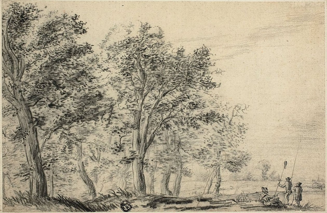 Metsäinen jokimaisema, jossa kolme ihmistä kalastaa tekijältä Jacob van Ruisdael