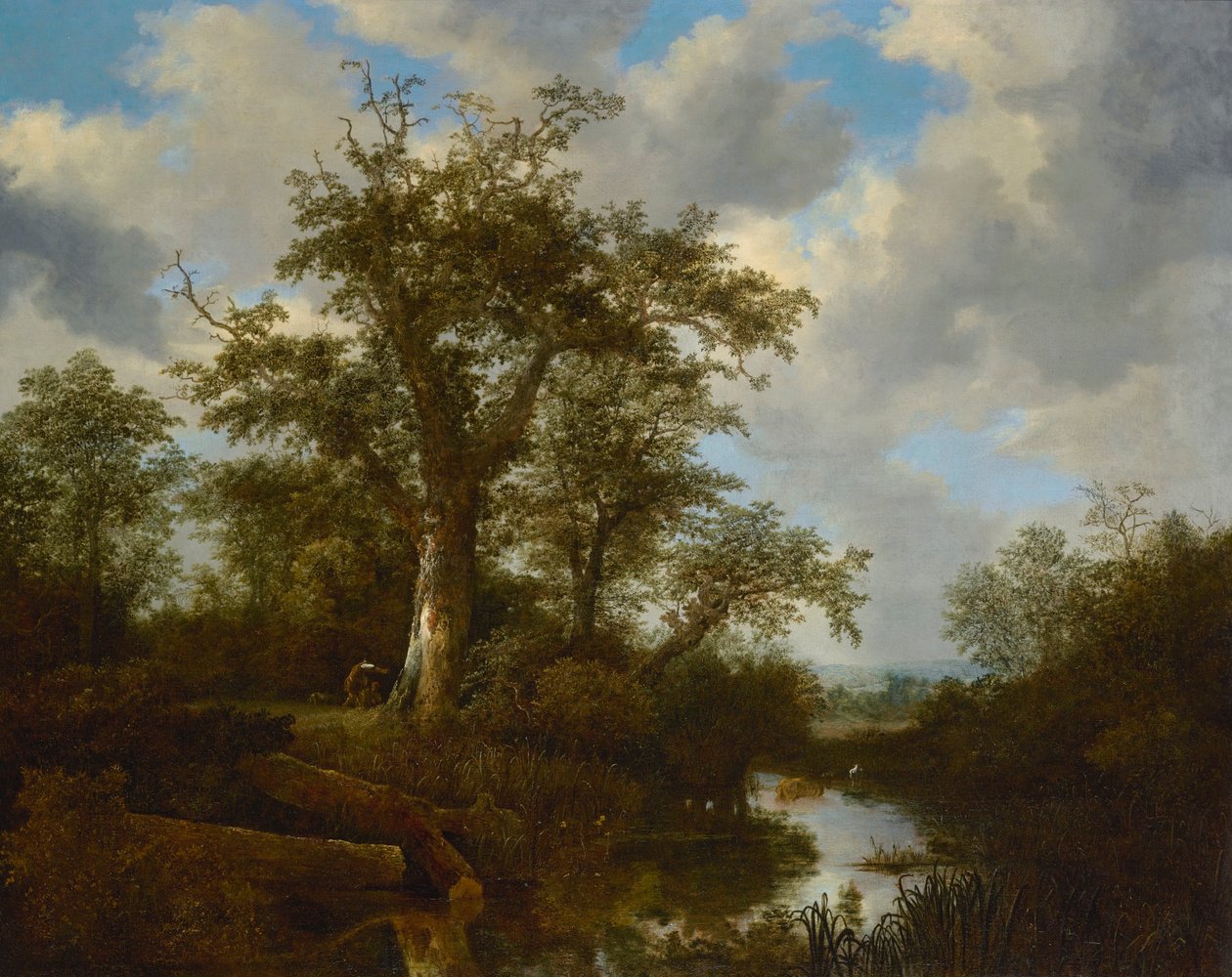 Metsäinen maisema, jossa karja ylittää puron tekijältä Jacob van Ruisdael