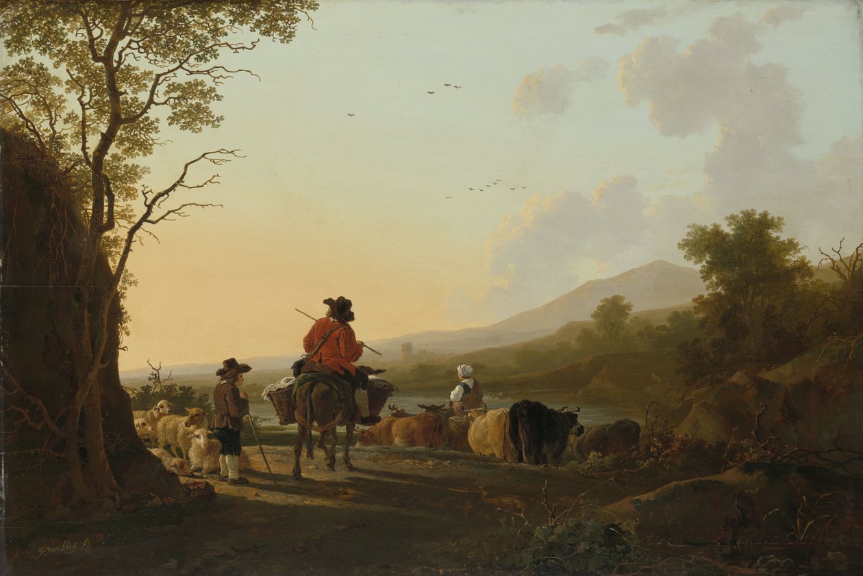 Maisema karjankuljettajan ja paimenen kanssa, n. 1780-1785 tekijältä Jacob van Strij
