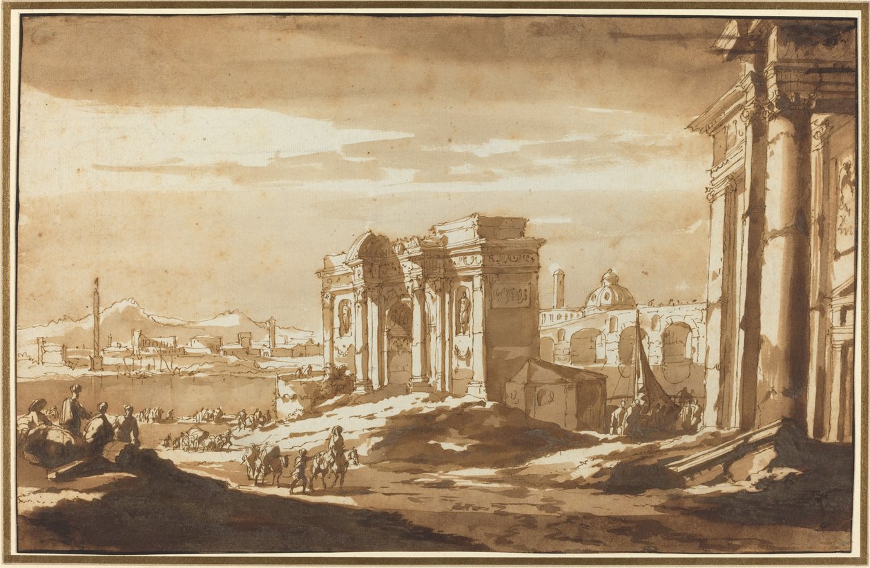 Capriccio-näkymä roomalaisille raunioille Tiberin varrella tekijältä Jacob van der Ulft