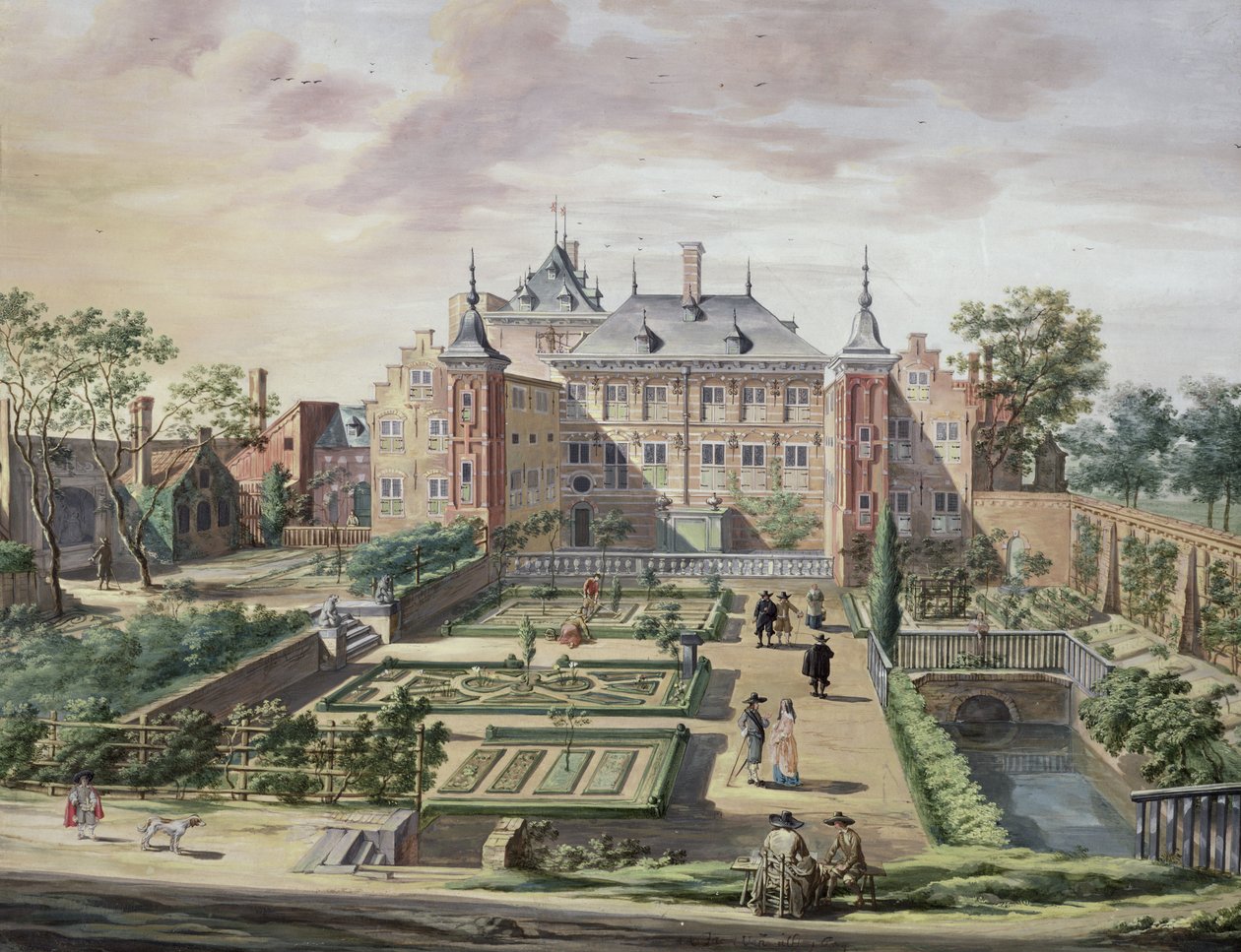 Kuvitteellinen näkymä "Het Tolhuisista" Merwede-joen varrella lähellä Gorcumia, n. 1654 (guassi vellum) tekijältä Jacob van der Ulft