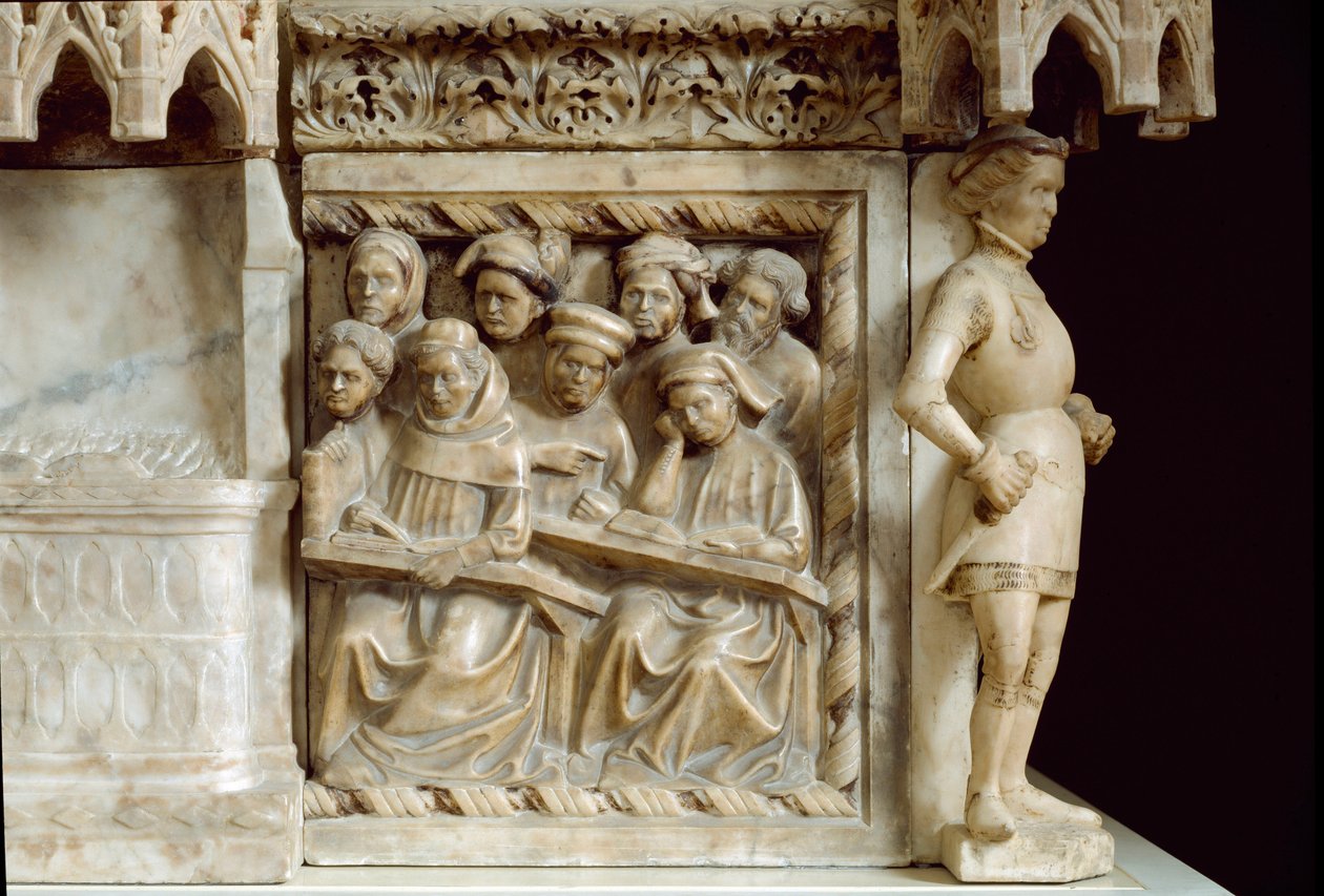Carlon, Roberton ja Riccardo da Saliceton hautausmuistomerkki: kurssille osallistuvia opiskelijoita (veistos, n. 1403) tekijältä Jacobello and Pier Paolo dalle Masegne