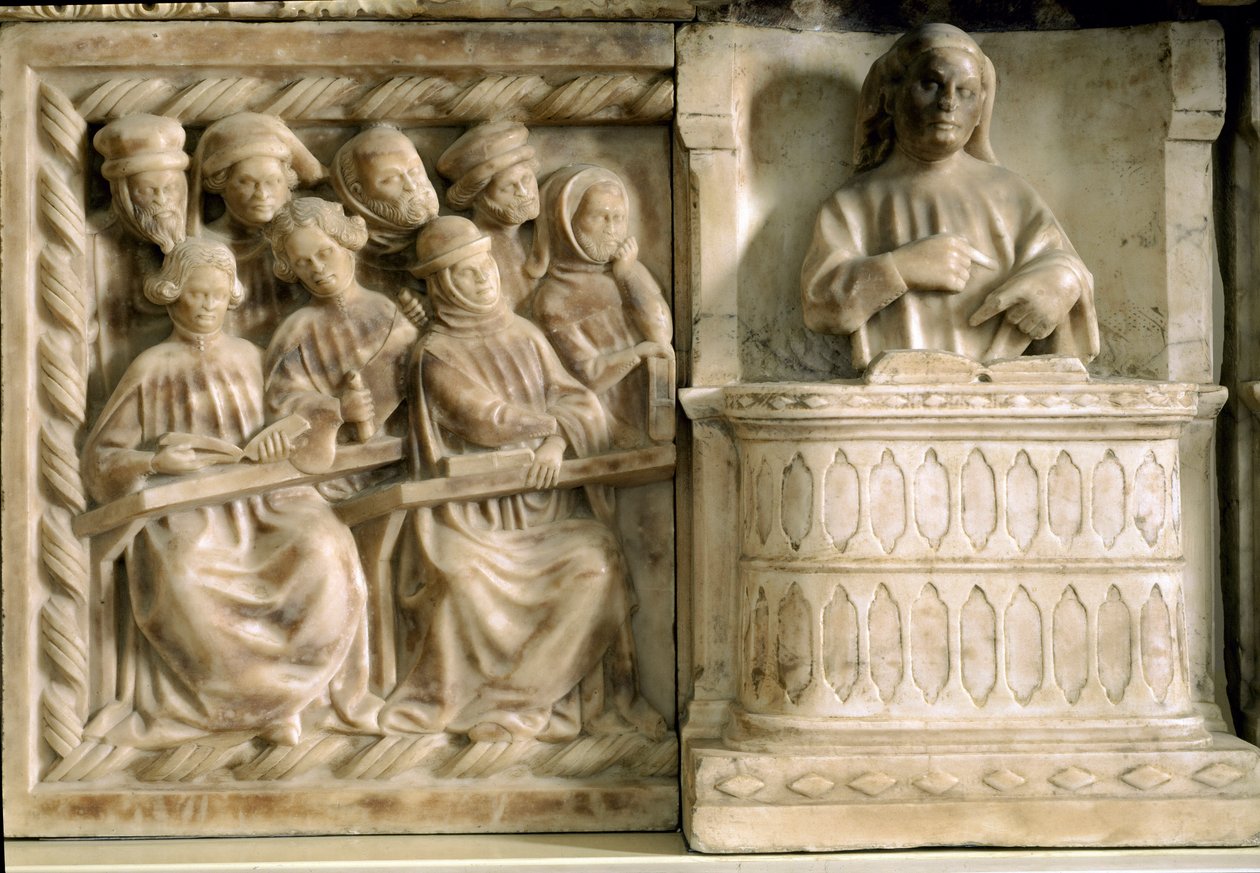 Carlon, Roberton ja Riccardo da Saliceton hautausmuistomerkki: kurssille osallistuvia opiskelijoita (veistos, n. 1403) tekijältä Jacobello and Pier Paolo dalle Masegne