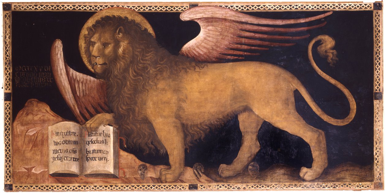 Jacobello del Fiore (n. 1370 - 1439) Pyhän Markuksen leijona Öljy kankaalle Renessanssi-Italia, Venetsialainen koulu Palazzo Ducale, Venetsia 167x340 maalaus tekijältä Jacobello del Fiore