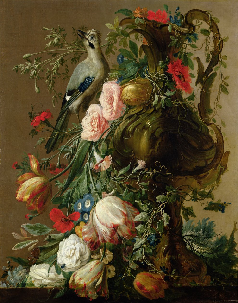 Veistetty kivimaljakko ruusuilla, auricula, unikot, convolvulus, ja Jay kielekkeellä, 1760 tekijältä Jacobes Vonck