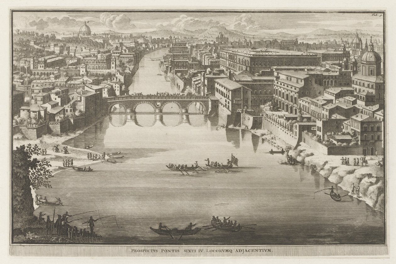 Näkymä Roomaan Ponte Siston kanssa Tiber-joen yli Esite Pontis Sixti IV locorumq adjadentium (otsikko esineessä) Rooman näkymät (sarjan nimi) La Galerie agreable du mond (...) divisée en LXVI tomes...Cette partie comprend le Rome moderne tekijältä Jacobus Baptist