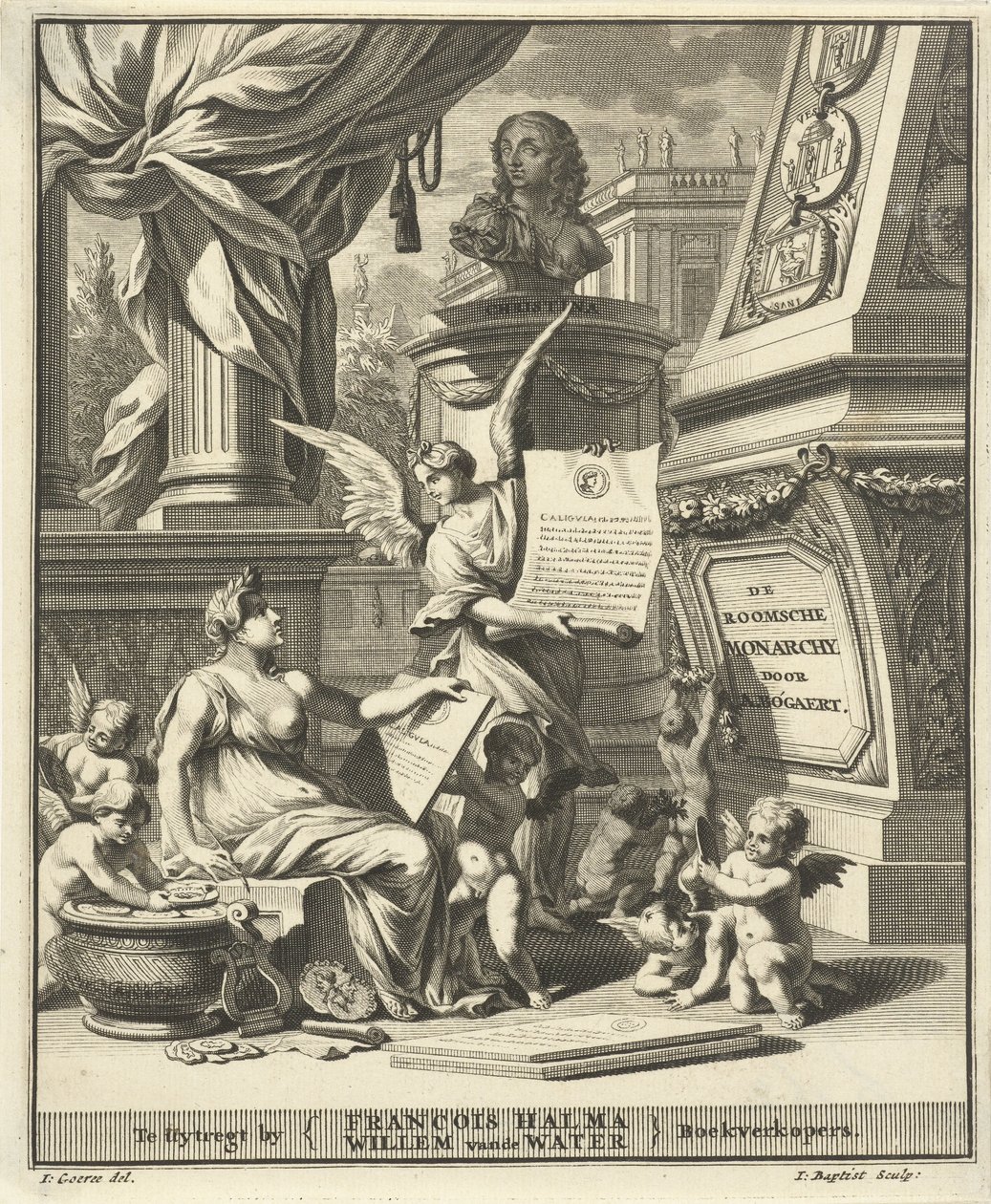 Nimisivu A. Bogaertille, Rooman monarkia, esitetty läntisen ja itäisen keisarin kolikoissa, Utrecht 1697 tekijältä Jacobus Baptist