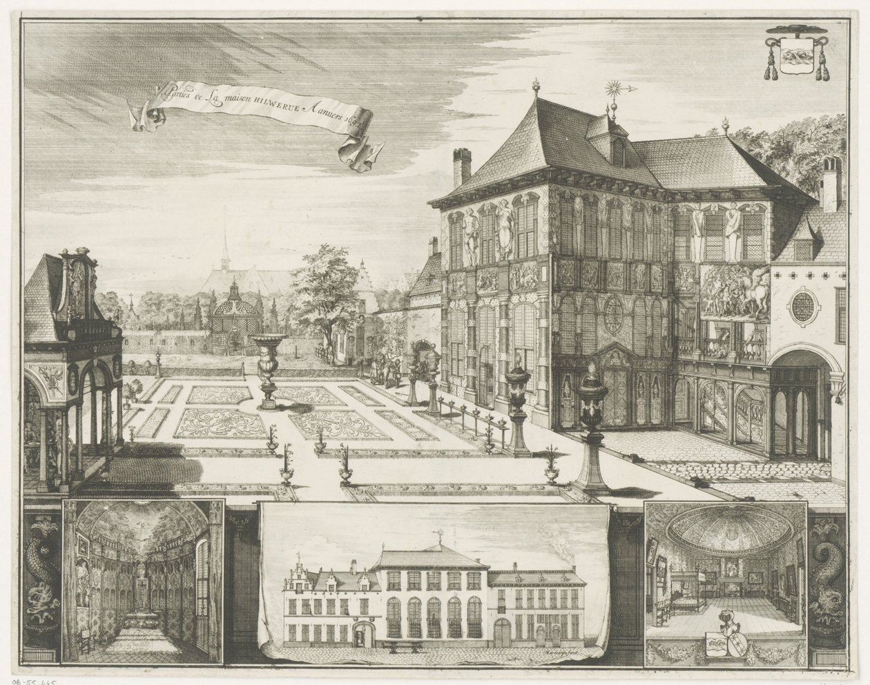 Näkymä Rubensin talosta Antwerpenissä Näkymä Hilweruen talosta Antwerpenissä Parties de la maison Hilwerue Aanvers 1692 (otsikko esineessä) tekijältä Jacobus Harrewijn