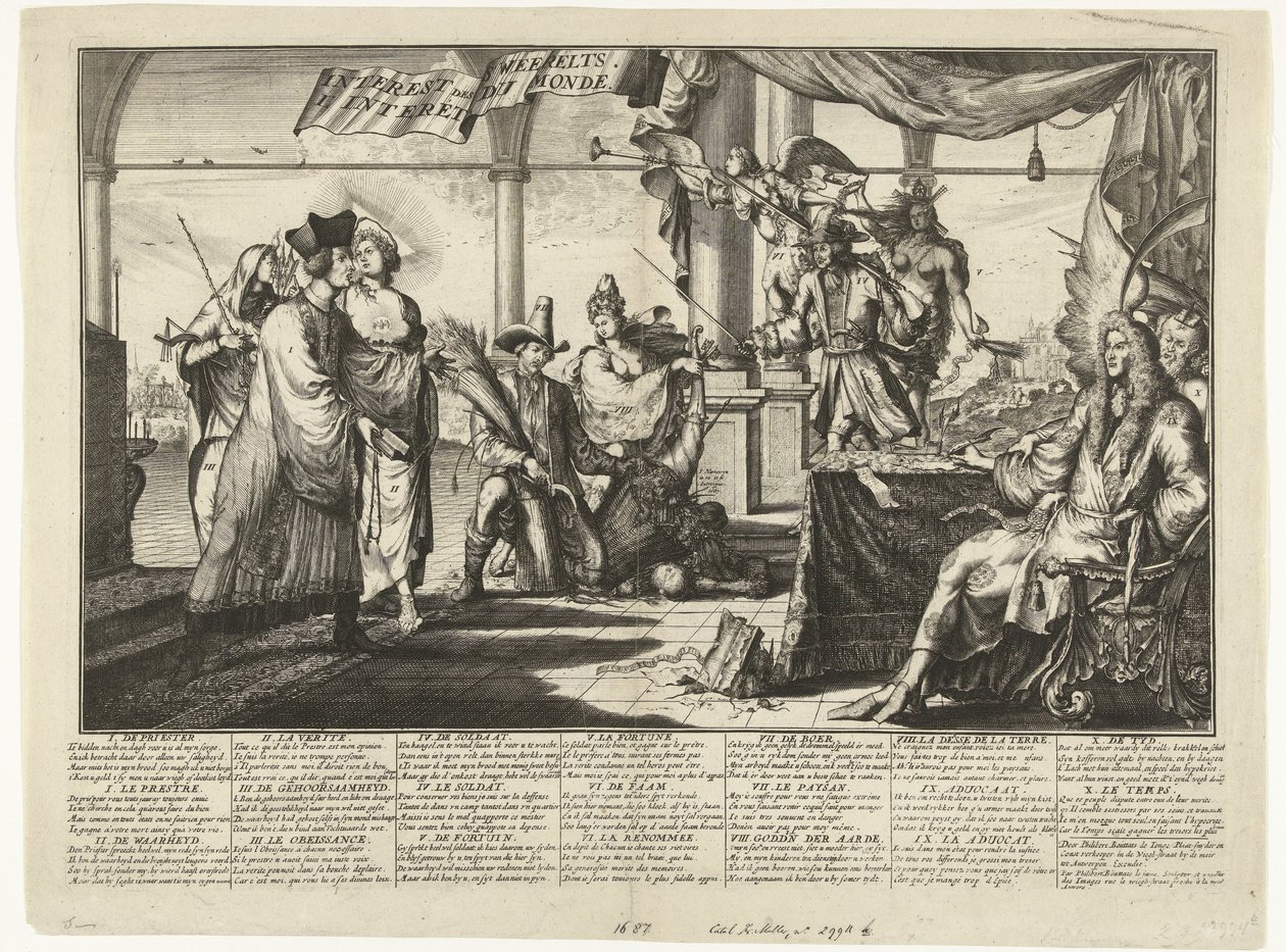 Sarjakuva lakimiehen ammatista hyötyvän miehen riidasta, 1687 Interest des