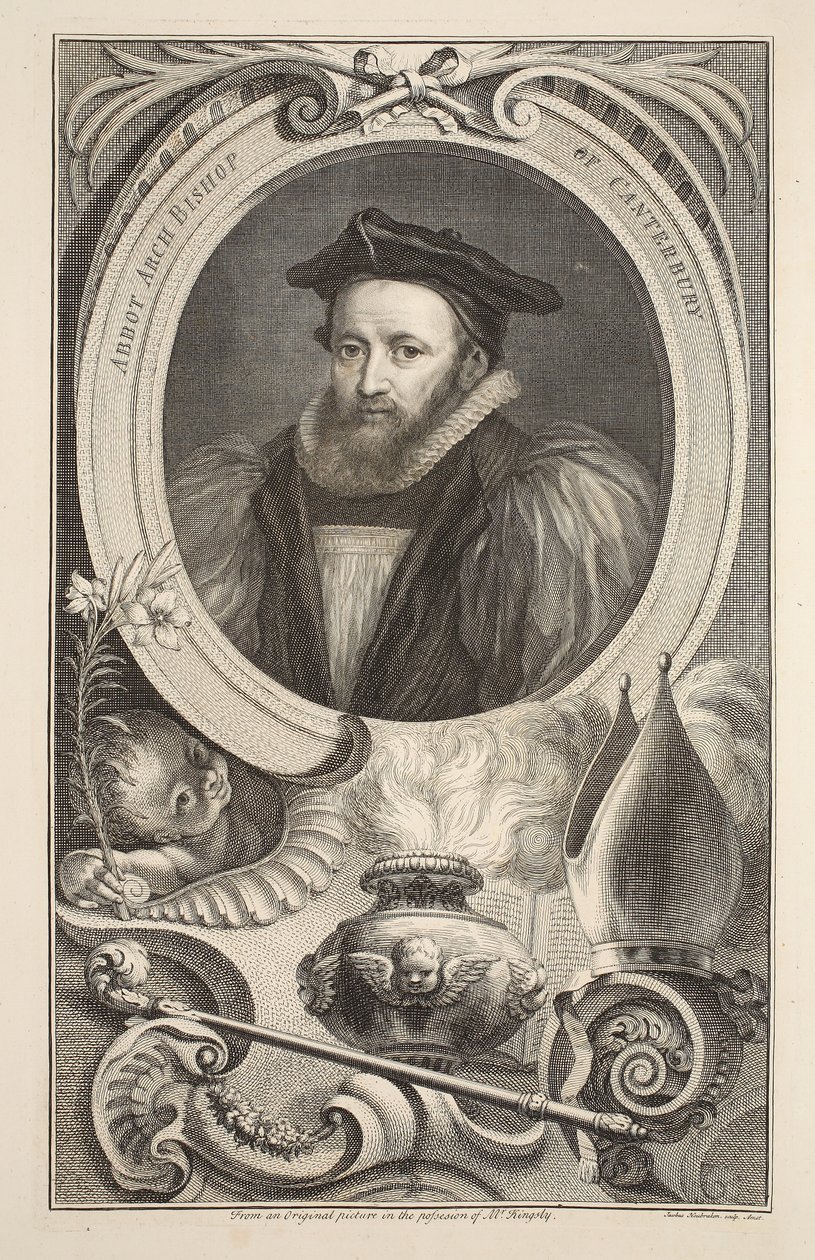 Muotokuva George Abbot, Canterburyn arkkipiispa, kuvitus teoksesta Heads of Illustrious Persons of Great Britain, pub. kirjoittanut Knapton, Lontoo 1742 tekijältä Jacobus Houbraken